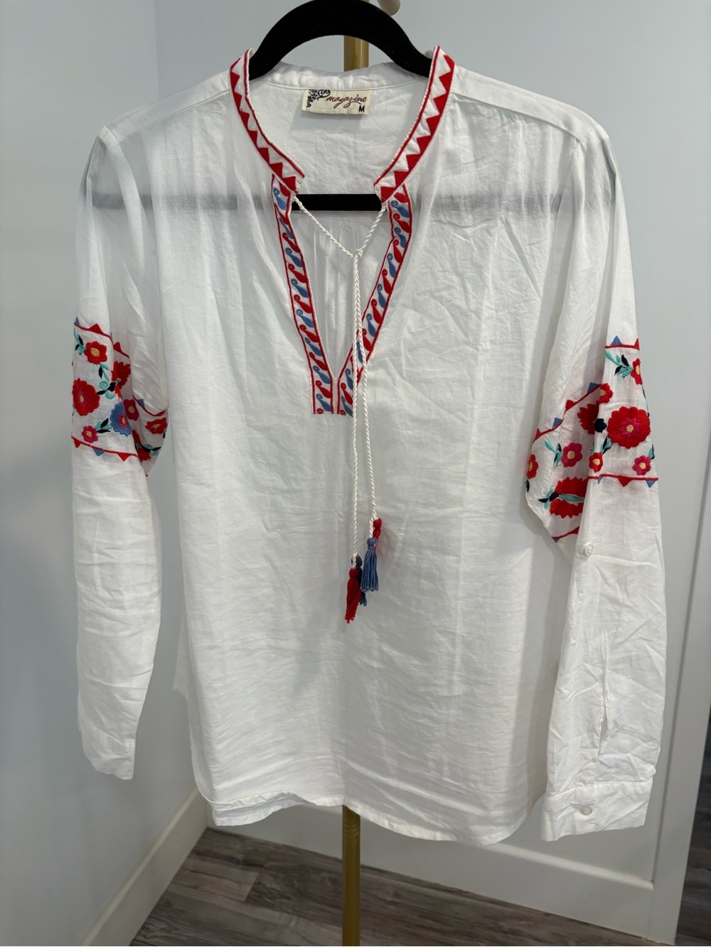 White Embroidered Peasant Blouse with Red & Blue Accents